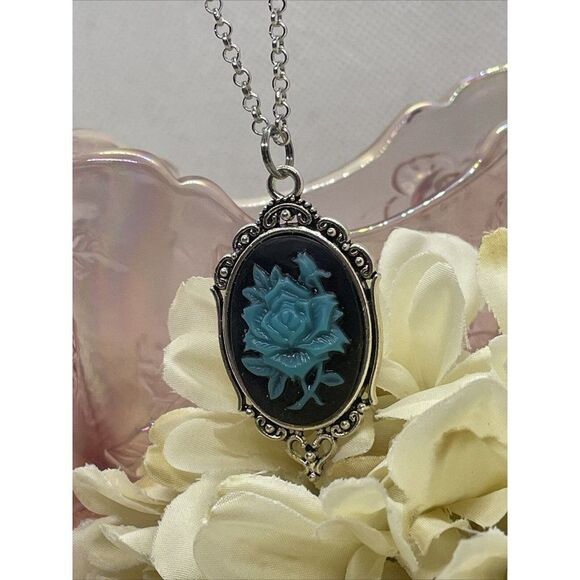 Cameo Necklace Turquoise Rose Wedding Jewelry Black Gothic Anniversary Easter - Picture 4 of 13